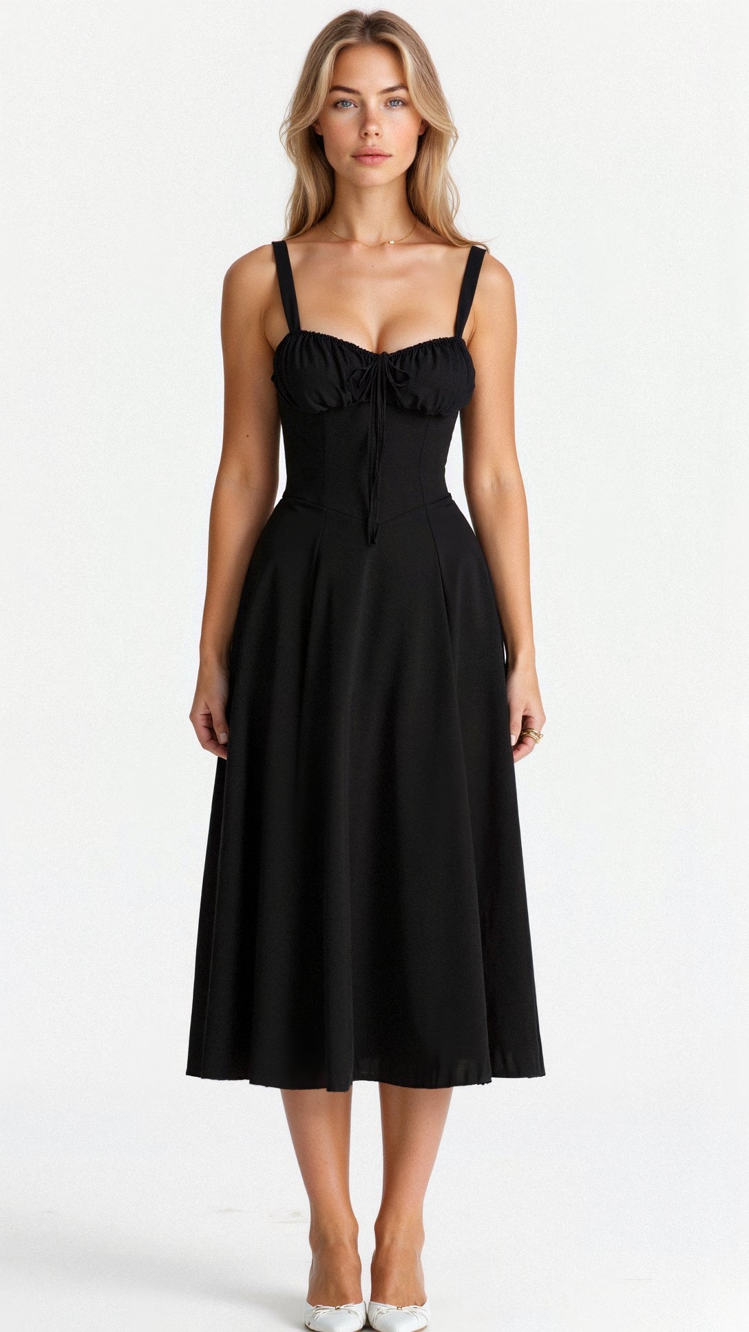 Vestido Midí con Detalle de Corsé y Falda Fluida | Ideal para Primavera y Verano