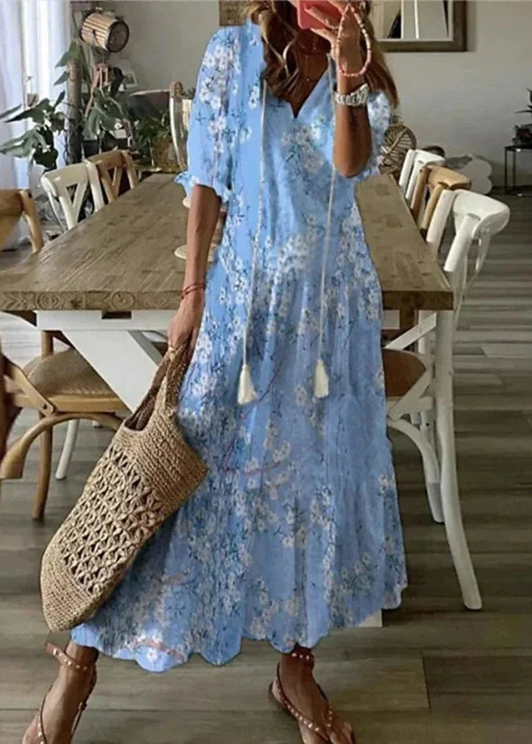 Vestido Largo con Estampado Floral y Cintura Ajustable | Ideal para el Verano