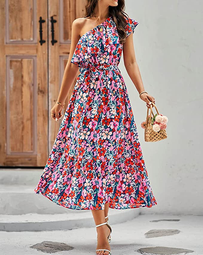 Vestido Sin Mangas con Estampado Bohemio y Cintura Alta con Hombro Asimétrico | Ideal para Primavera y Verano