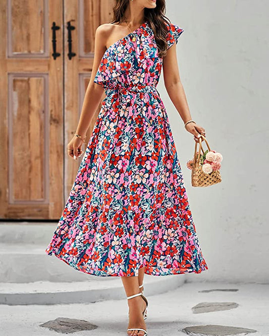 Vestido Sin Mangas con Estampado Bohemio y Cintura Alta con Hombro Asimétrico | Ideal para Primavera y Verano