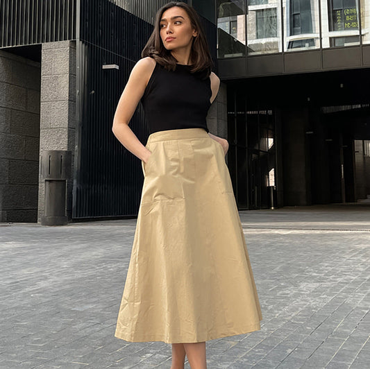 Falda Larga de Algodón con Bolsillos y Tiro Alto | Ideal para Verano y Otoño