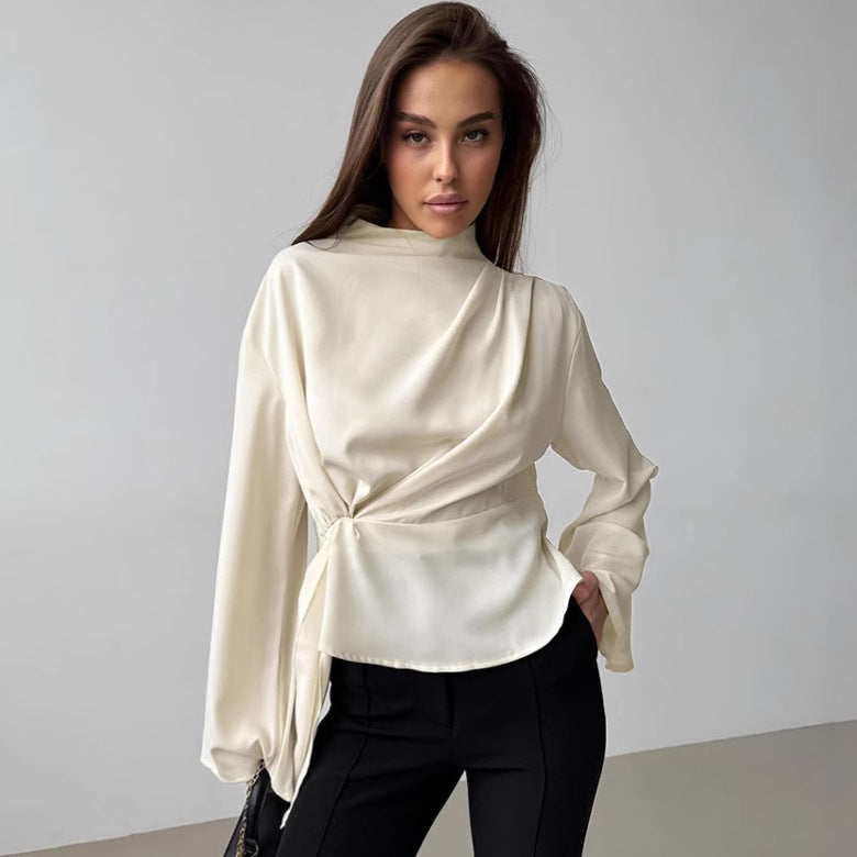 Blusa de Chifón con Cuello Alto, Mangas Campana y Plisados – Ideal para Primavera y Verano