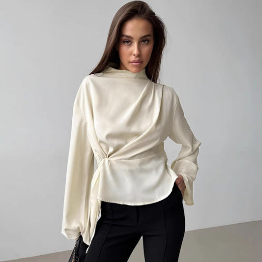 Blusa de Chifón con Cuello Alto, Mangas Campana y Plisados – Ideal para Primavera y Verano
