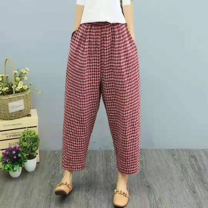 Pantalones Harem de Lino Algodón con Estampado Cuadros - Ideales para Todas las Estaciones
