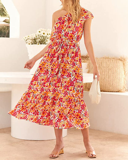 Vestido Sin Mangas con Estampado Bohemio y Cintura Alta con Hombro Asimétrico | Ideal para Primavera y Verano
