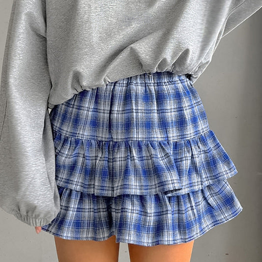 Falda Azul de Cuadros de Algodón con Volantes | Ideal para el Verano
