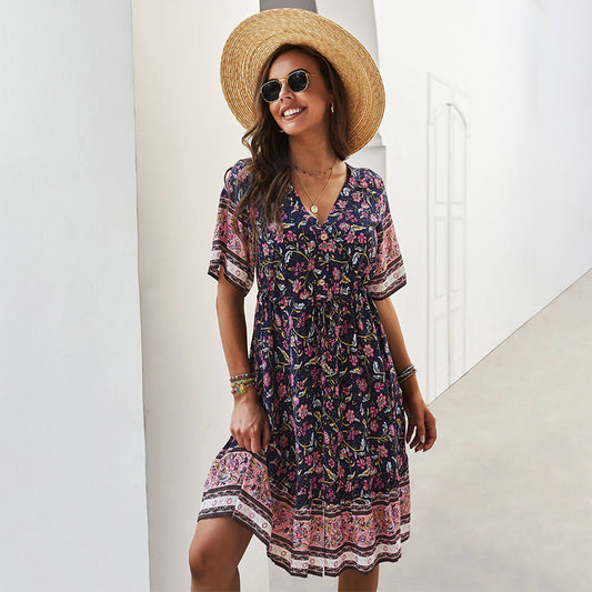 Vestido Midi Estampado con Escote en V y Bajo con Volantes | Ideal para la Primavera y Verano