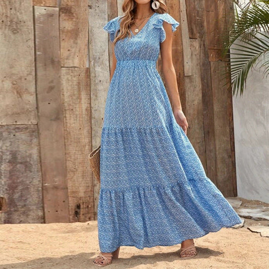Vestido Bohemio con Escote en V y Estampado Floral con Mangas Cortas | Ideal para el Verano