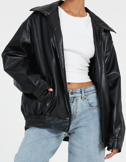 Chaqueta de cuero sintético oversize con ajuste holgado I Ideal para primavera y otoño