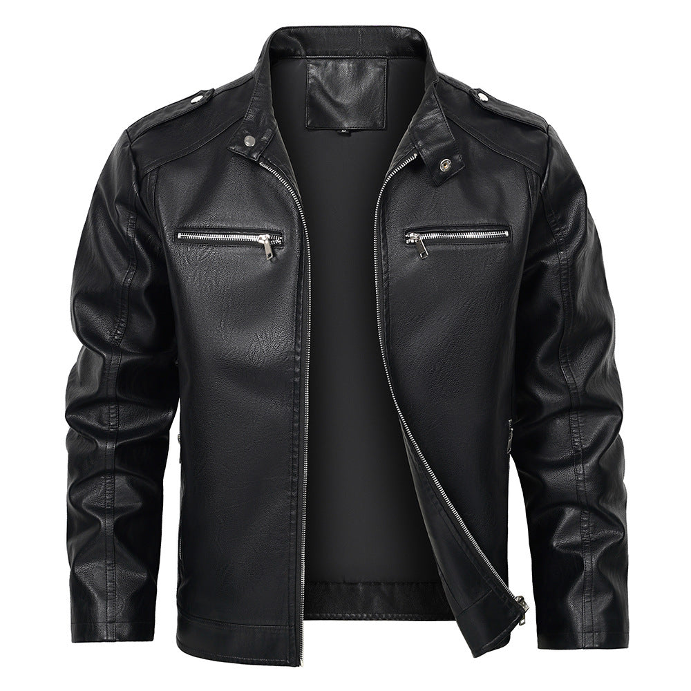 Chaqueta de Moto de Cuero PU para Hombre con Cuello Alto | Ideal para Otoño y Primavera