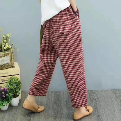 Pantalones Harem de Lino Algodón con Estampado Cuadros - Ideales para Todas las Estaciones