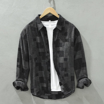 Camisa de mezclilla Jacquard de bloques de color manga larga, ideal para primavera y otoño