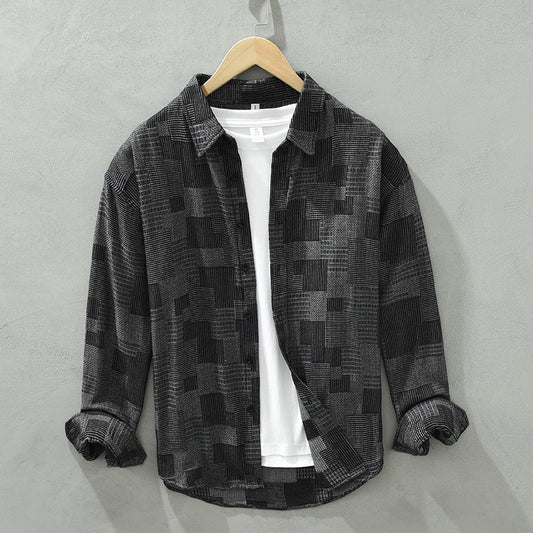 Camisa de mezclilla Jacquard de bloques de color manga larga, ideal para primavera y otoño