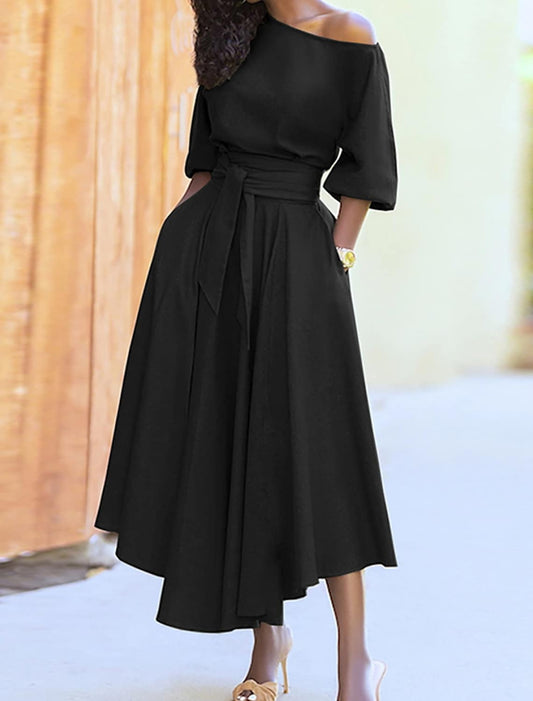 Vestido Midi Asimétrico con Cinturón en la Cintura y Mangas Abullonadas | Ideal para Primavera y Otoño