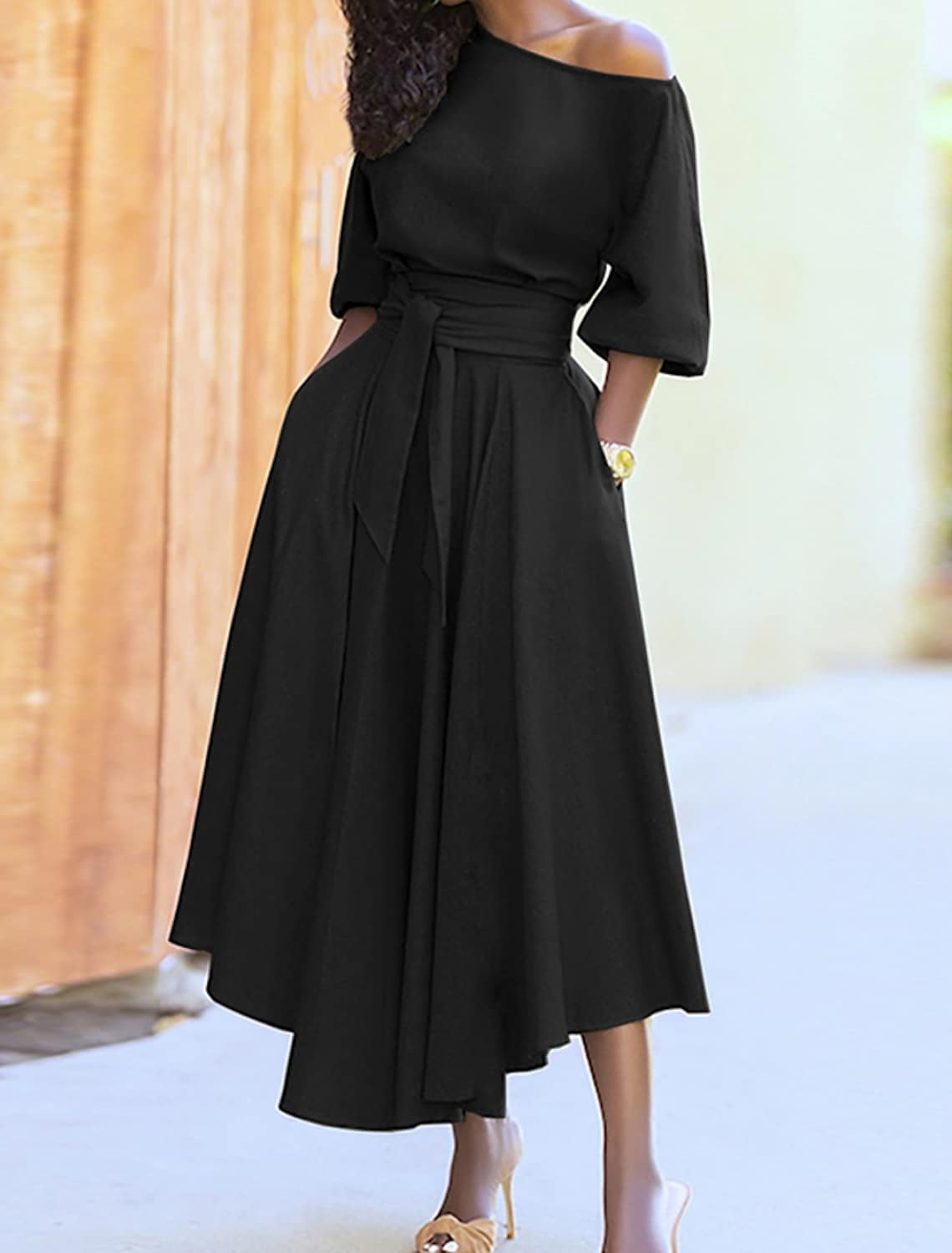 Vestido Midi Asimétrico con Cinturón en la Cintura y Mangas Abullonadas | Ideal para Primavera y Otoño