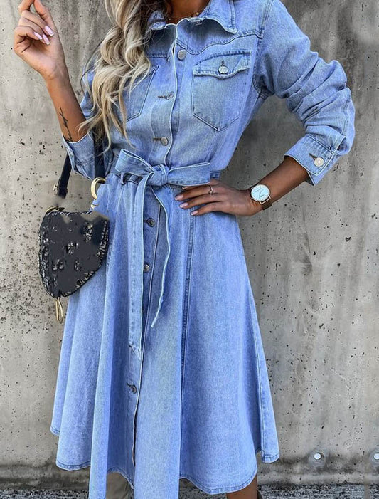 Vestido Camisero Midi de Mezclilla con Mangas Largas y Bolsillos | Ideal para Primavera y Otoño