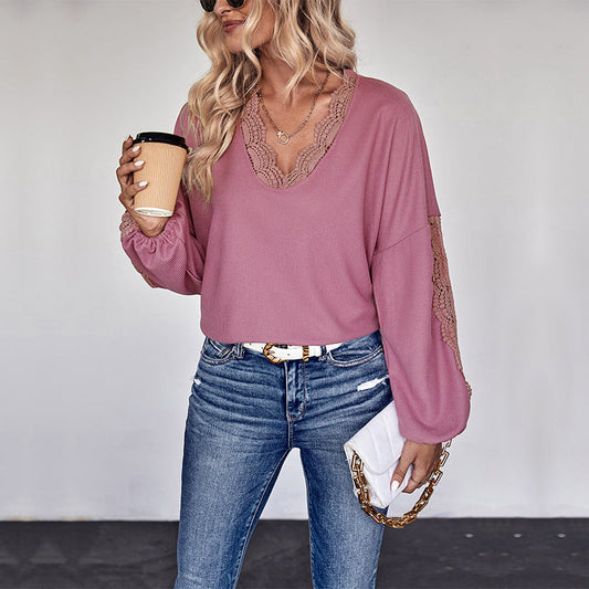 Blusa de Manga Larga con Escote en V y Encaje | Ideal para Otoño e Invierno