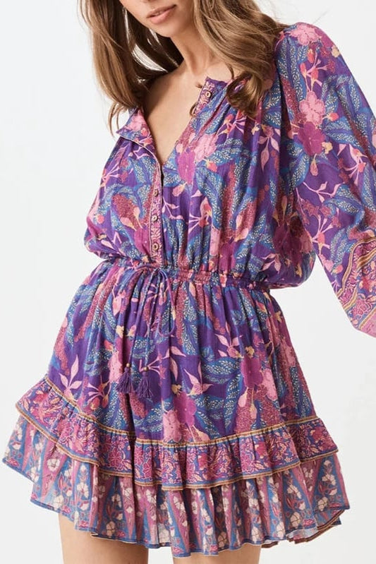 Vestido Midi Impreso de Manga Larga con Escote en V y Detalles de Volantes | Ideal para Primavera y Otoño