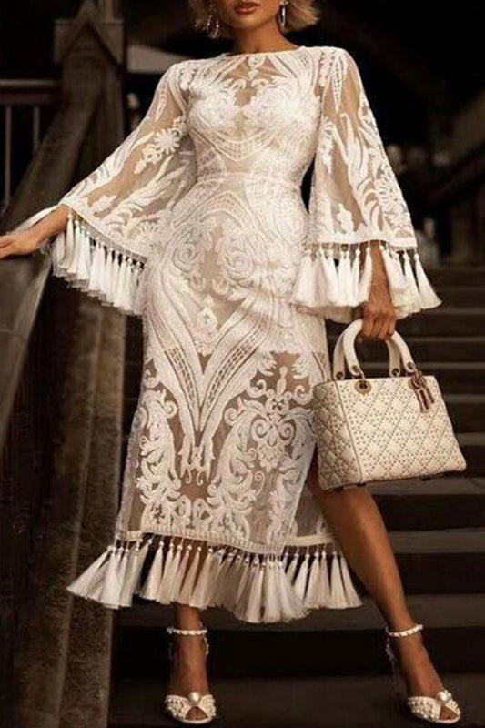 Vestido Recto hasta la Pantorrilla con Abertura con Flecos y Patchwork | Ideal para Primavera y Otoño