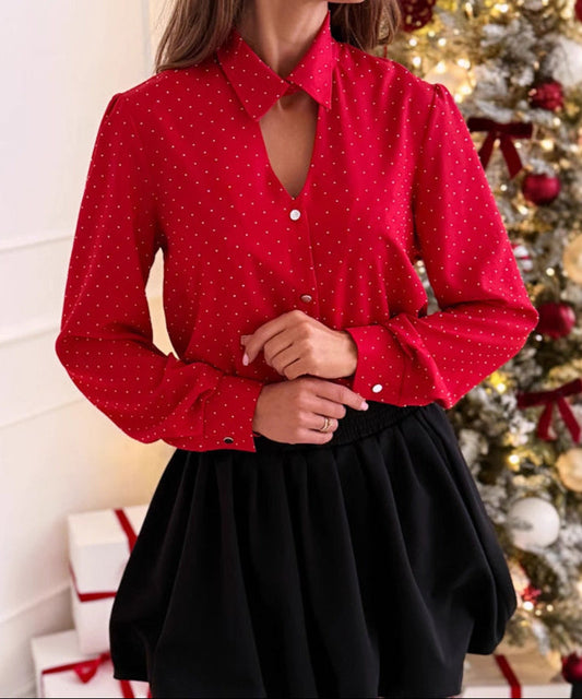 Blusa de Manga Larga con Escote en V y Botones de Cristales | Ideal para Primavera y Otoño