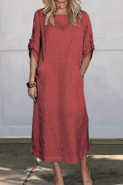 Vestido midi de color sólido con bolsillos y cuello redondo | Ideal para primavera y otoño