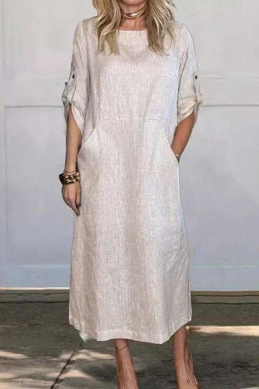 Vestido midi de color sólido con bolsillos y cuello redondo | Ideal para primavera y otoño