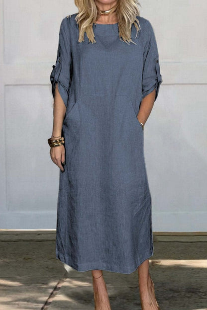 Vestido midi de color sólido con bolsillos y cuello redondo | Ideal para primavera y otoño