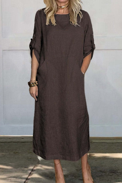 Vestido midi de color sólido con bolsillos y cuello redondo | Ideal para primavera y otoño
