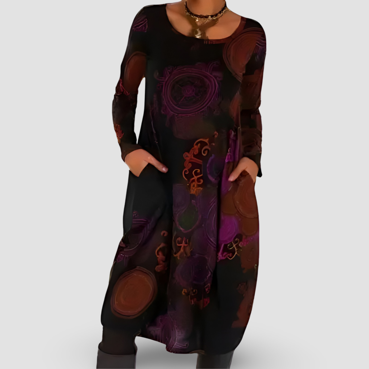 Vestido Holgado de Manga Larga con Estampado Artístico y Bolsillos | Ideal para Otoño e Invierno