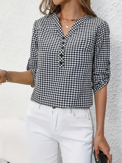 Camisa de Mujer Retro de Cuadros y Rayas de Manga Larga | Ideal para Otoño e Invierno
