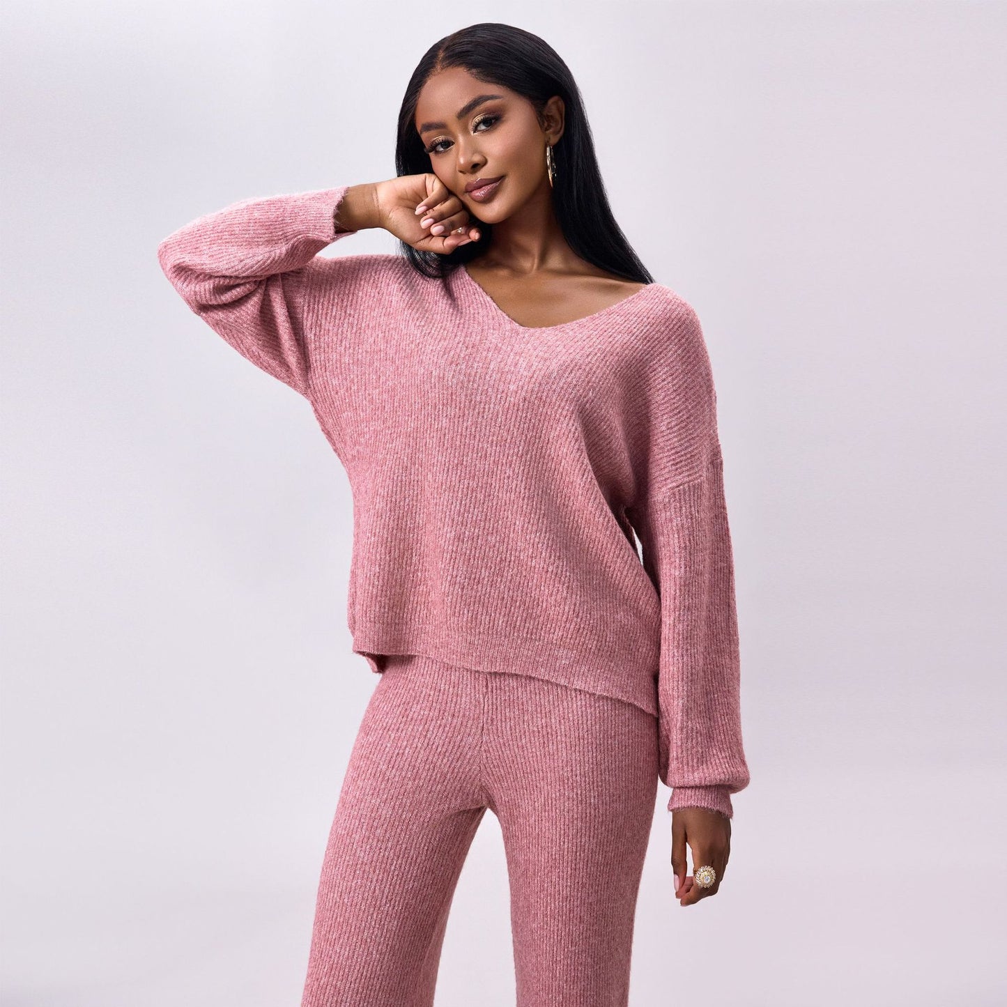 Conjunto de Dos Piezas de Punto con Rayas Hundidas y Mangas Largas | Ideal para Otoño