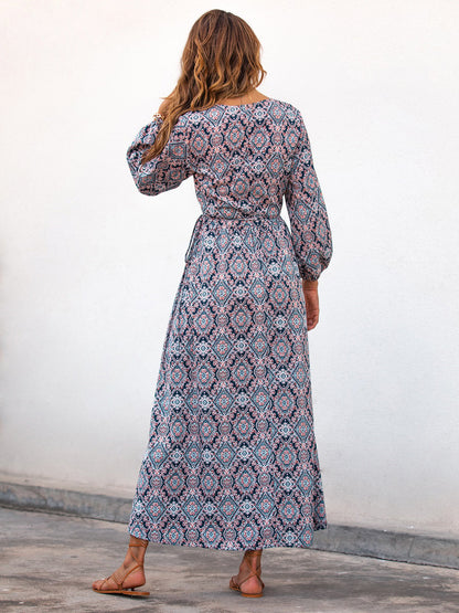 Vestido Largo con Escote en V y Mangas de Linterna | Ideal para Primavera y Otoño