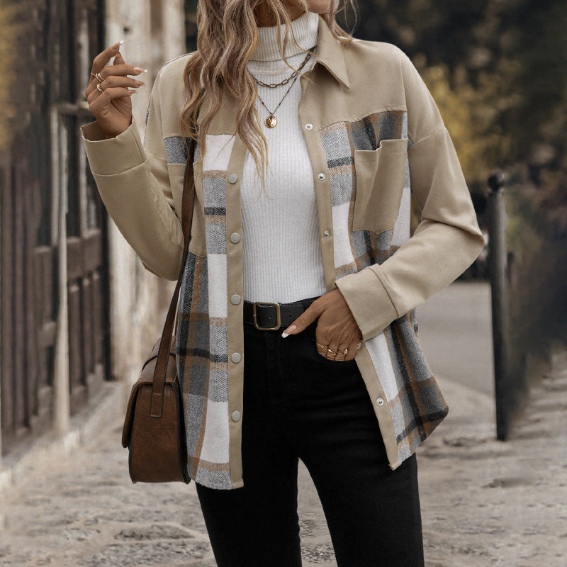 Abrigo de Cuadros con Colorblock, Solapa y Bolsillos para Mujer | Ideal para Otoño