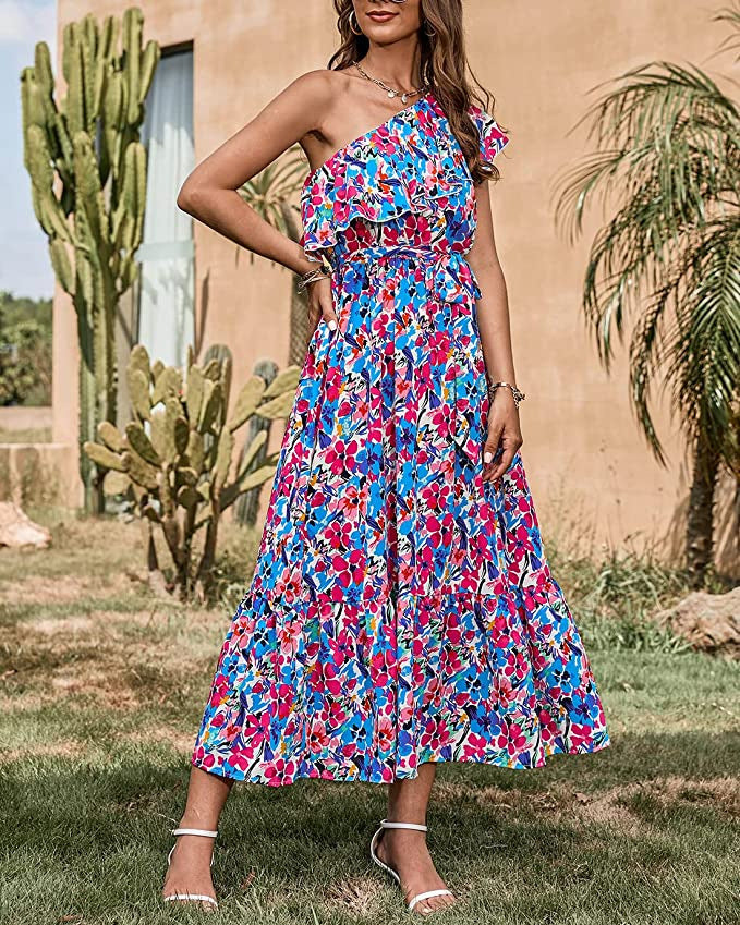 Vestido Sin Mangas con Estampado Bohemio y Cintura Alta con Hombro Asimétrico | Ideal para Primavera y Verano