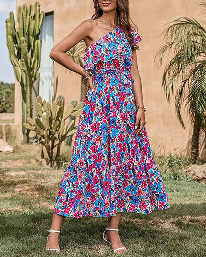 Vestido Sin Mangas con Estampado Bohemio y Cintura Alta con Hombro Asimétrico | Ideal para Primavera y Verano