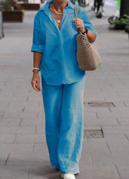 Conjunto de camisa de manga larga y pantalones de pierna ancha I Ideal para primavera y verano