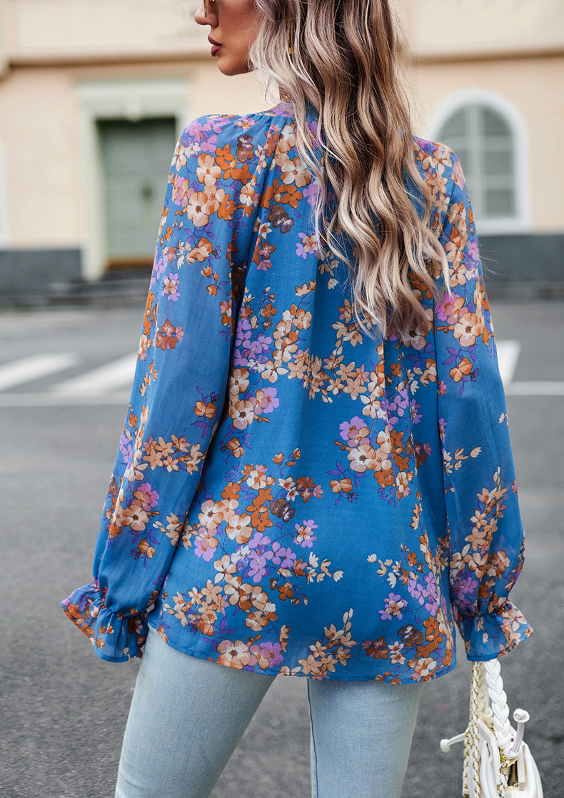 Blusa de Chiffon de Manga Larga con Escote en V y Estampado Floral
