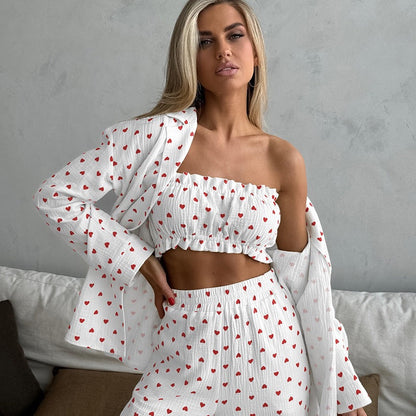 Conjunto de Pijama de Algodón con Estampado de Corazones, Top de Manga Larga y Pantalón | Ideal para Todas las Estaciones