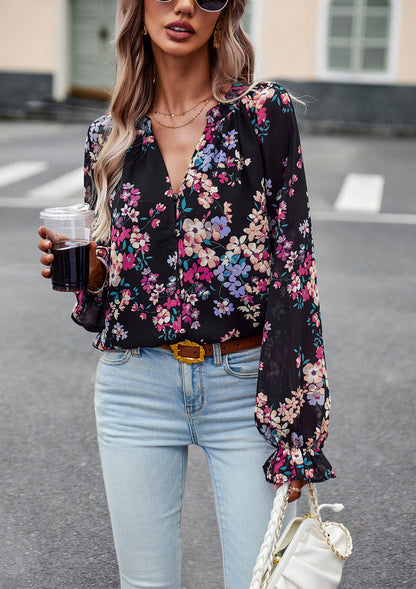 Blusa de Chiffon de Manga Larga con Escote en V y Estampado Floral