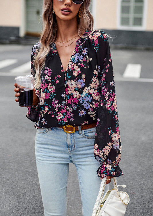 Blusa de Chiffon de Manga Larga con Escote en V y Estampado Floral