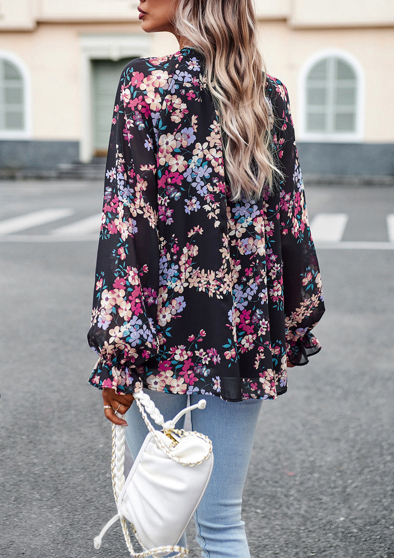 Blusa de Chiffon de Manga Larga con Escote en V y Estampado Floral