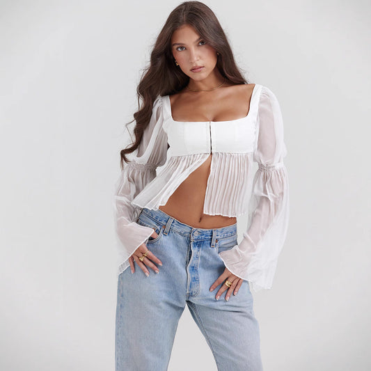 Top de Chifón Transparente de Manga Larga y Cuello Cuadrado para Mujer | Ideal para Primavera y Verano