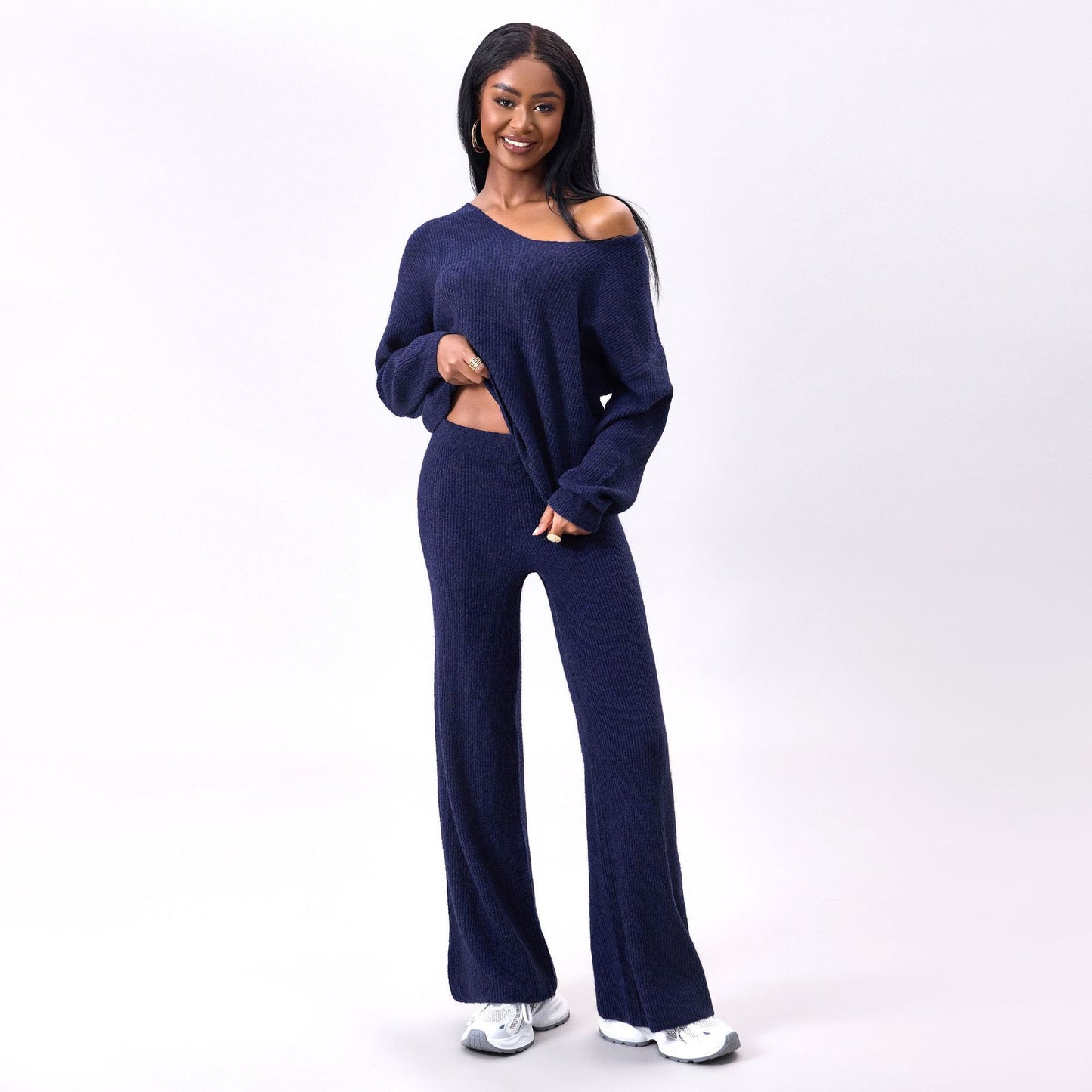 Conjunto de Dos Piezas de Punto con Rayas Hundidas y Mangas Largas | Ideal para Otoño