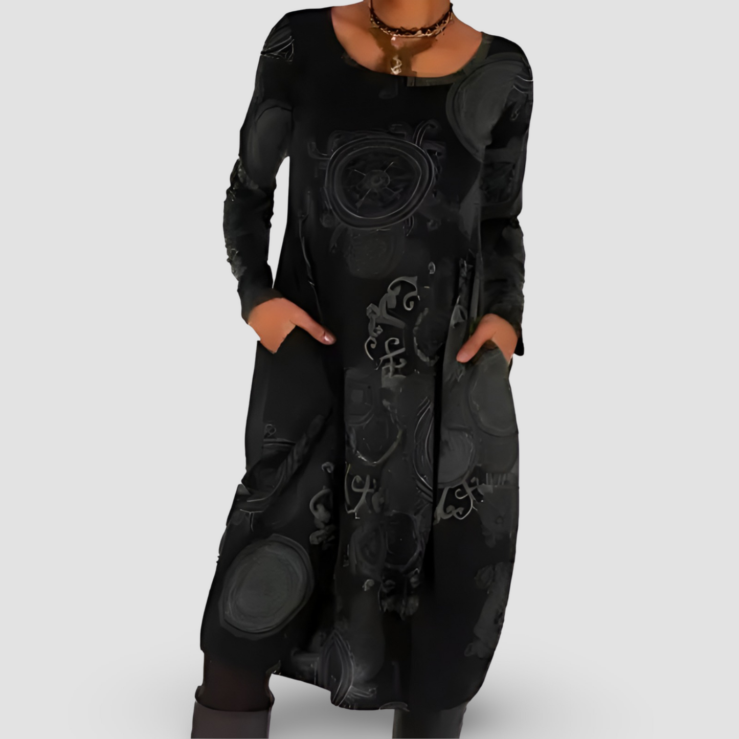 Vestido Holgado de Manga Larga con Estampado Artístico y Bolsillos | Ideal para Otoño e Invierno