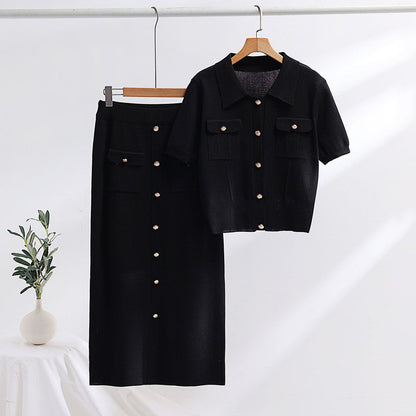 Conjunto de Suéter de Cuello Polo con Mangas Cortas y Falda Midi de Punto – Ideal para Primavera