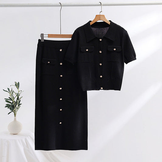 Conjunto de Suéter de Cuello Polo con Mangas Cortas y Falda Midi de Punto – Ideal para Primavera