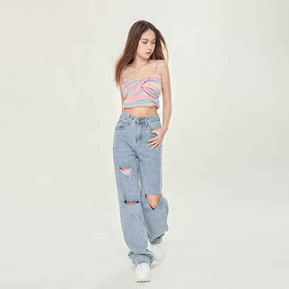 Jeans Tobillo Ancho Rasgados de Tiro Alto Azul Claro | Ideales para Todas las Temporadas