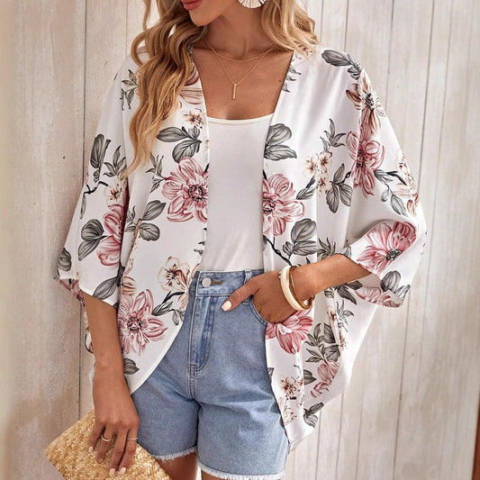 Abrigo de manga murciélago abierto con estampado – Ideal para primavera y otoño