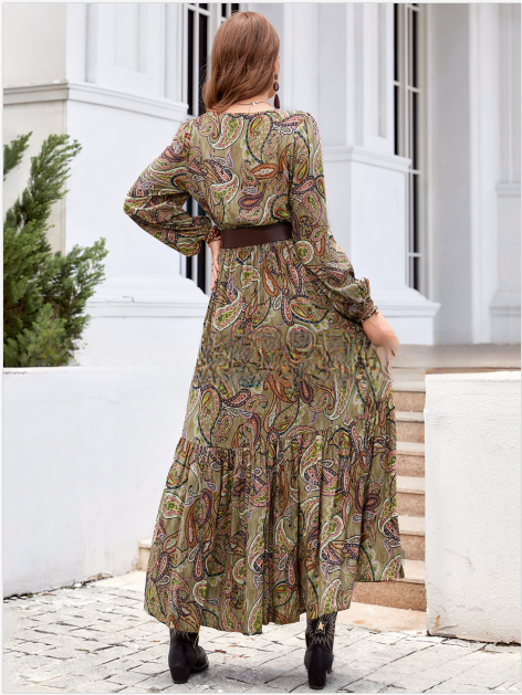 Vestido Largo de Estampado Bohemio con Cintura Fruncida y Mangas Largas | Ideal para Primavera y Otoño