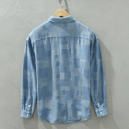 Camisa de mezclilla Jacquard de bloques de color manga larga, ideal para primavera y otoño